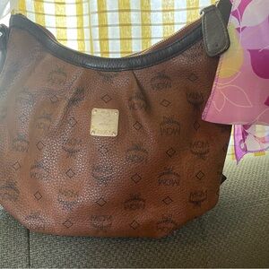 MCM Visetos Brown Logo-Print Leather Hobo Bag